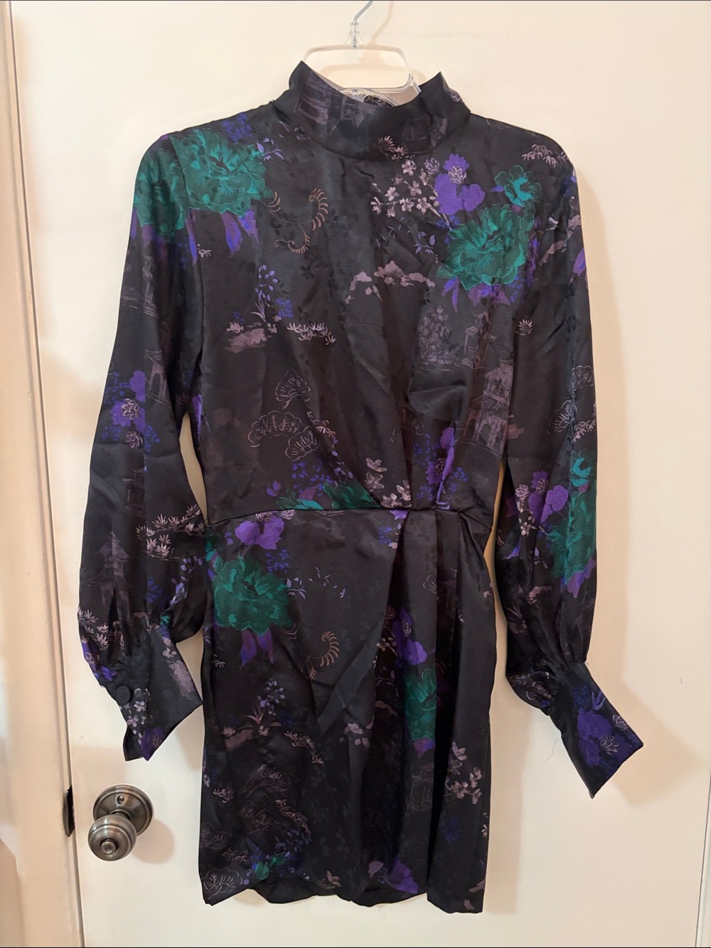 Zara Women's Black Floral Satin Dress with Green & Purple Accents